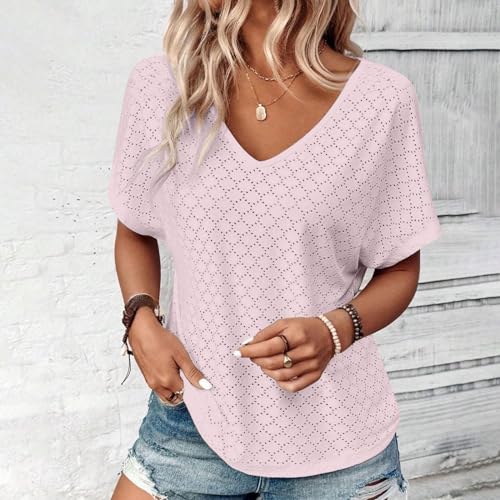 Breathable Eyelets Blouses V Neck Short Sleeve Soft Textured Tunic Tops P85366