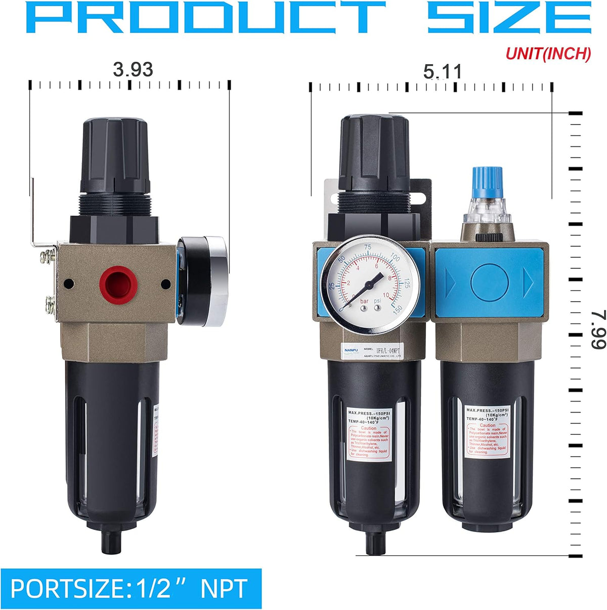 1/2 NPT Compressed Air Filter Regulator Lubricator, 5 Micron Brass Element E4992