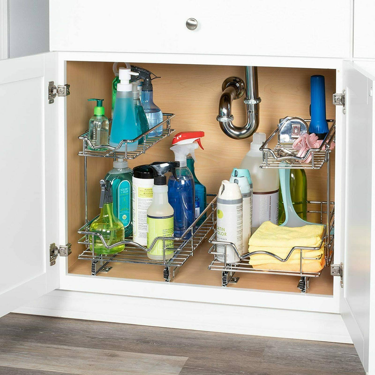 Silver Two Tier Sliding Under Cabinet Organizer C3625