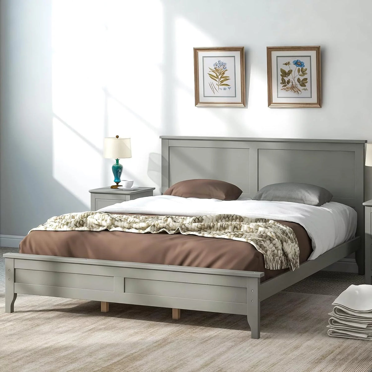 Pine Queen Size Solid Wood Platform Bed Frame with Headboard U76446