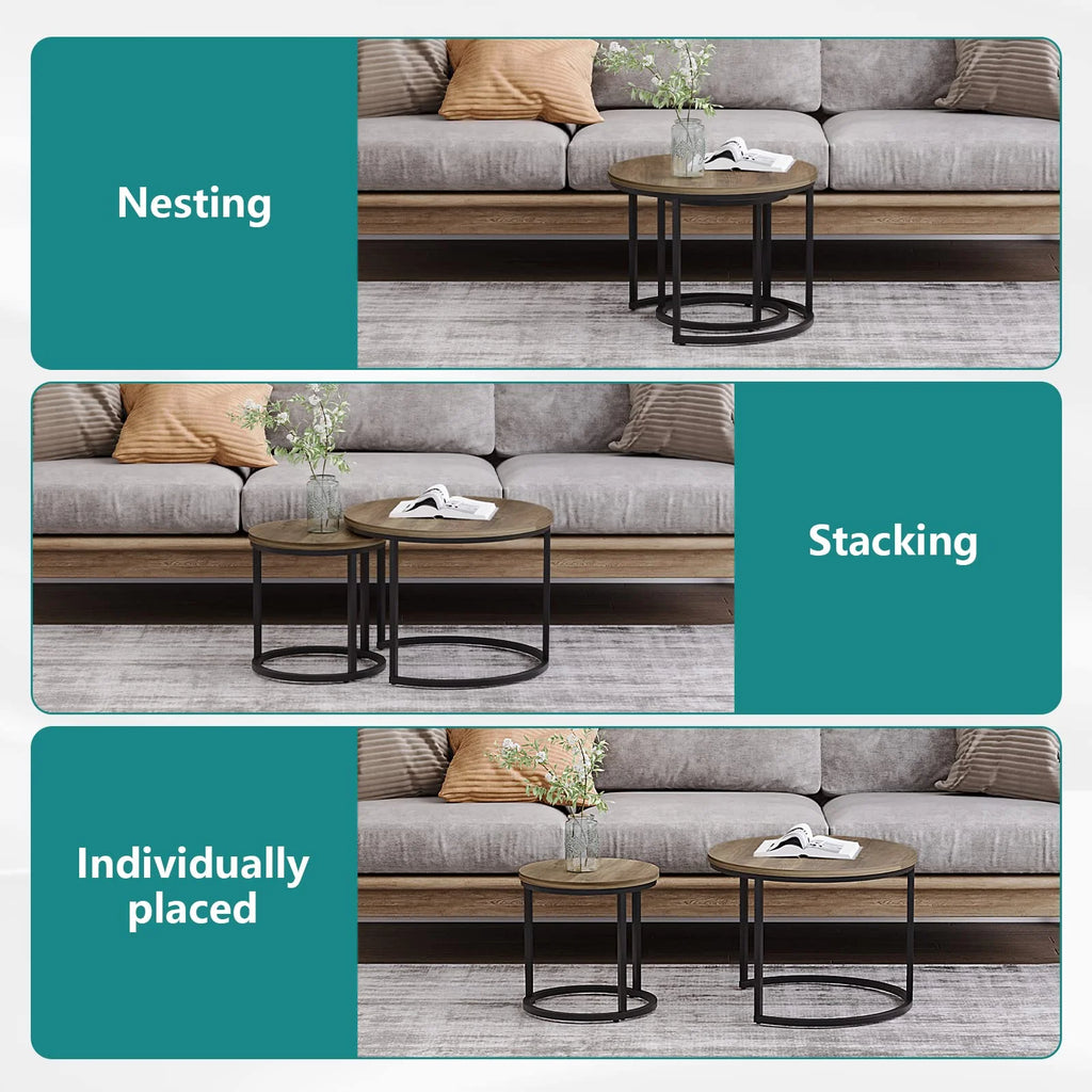 Round Nesting Coffee Table Set Metal Frame Brown K999
