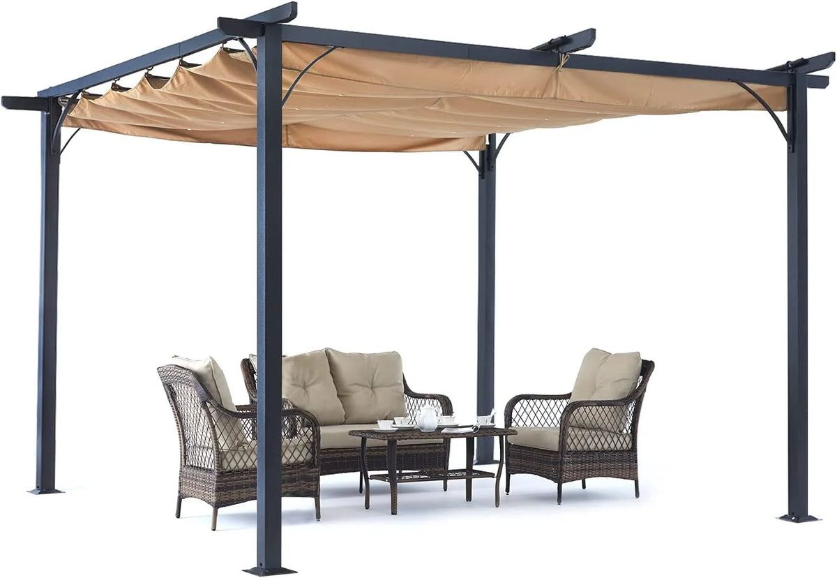 Beige 10x10 Retractable Shade Patio Gazebo Pergola T83039