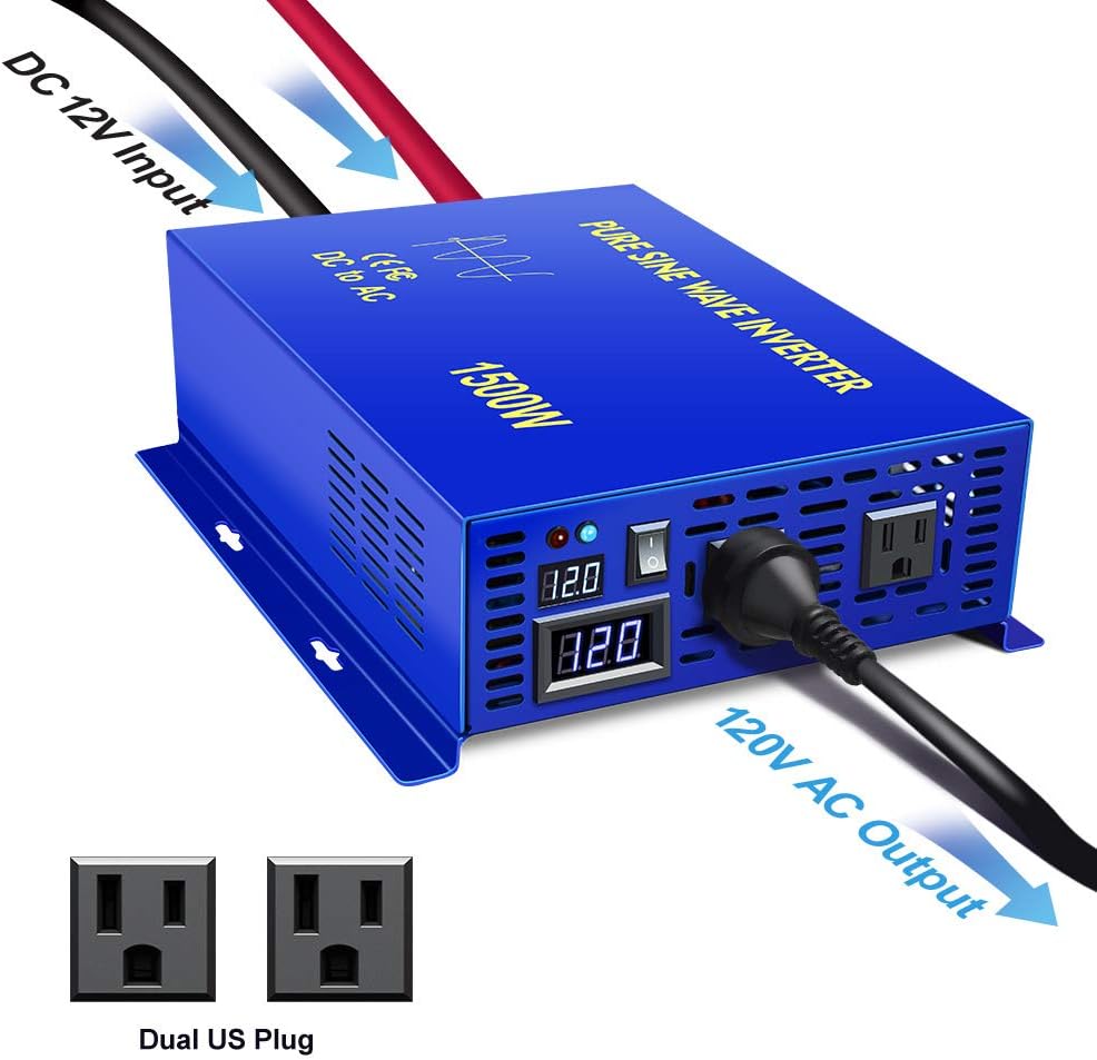 1500W Pure Sine Wave Power Inverter 12V DC to 110V 120V AC L7655
