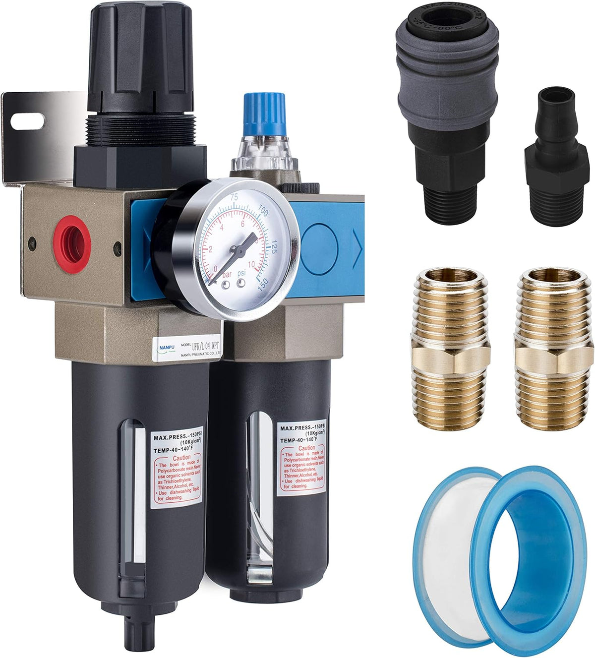 1/2 NPT Compressed Air Filter Regulator Lubricator, 5 Micron Brass Element E4992