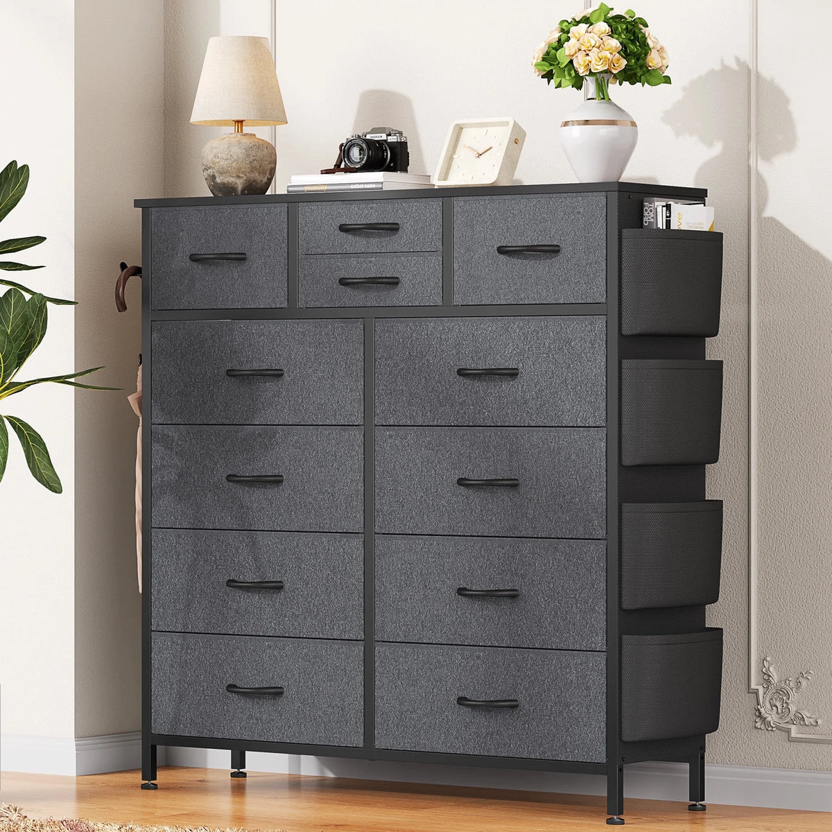 12 Drawer Fabric Dresser with Steel Frame and Wooden Top Q225747