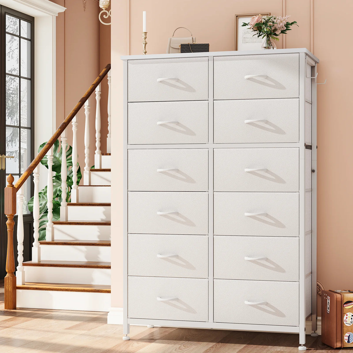 12 Drawer Fabric Dresser with Steel Frame and Wooden Top Q225747