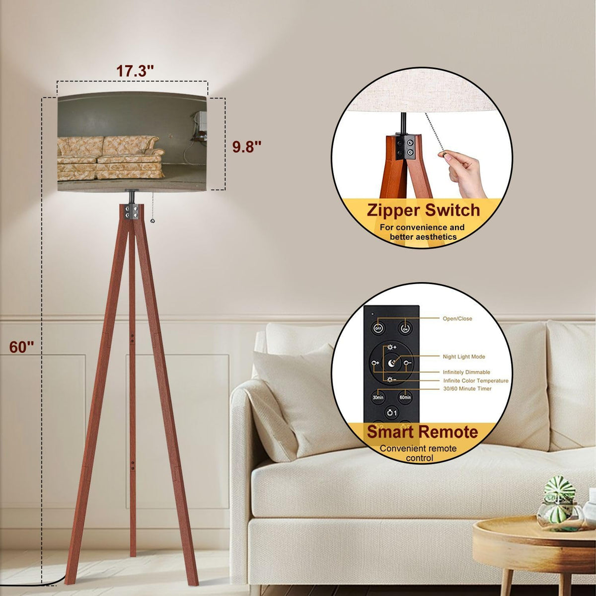 Wood Tripod Floor Lamp Linen Lampshade Dimmable Tall Lamp U738477