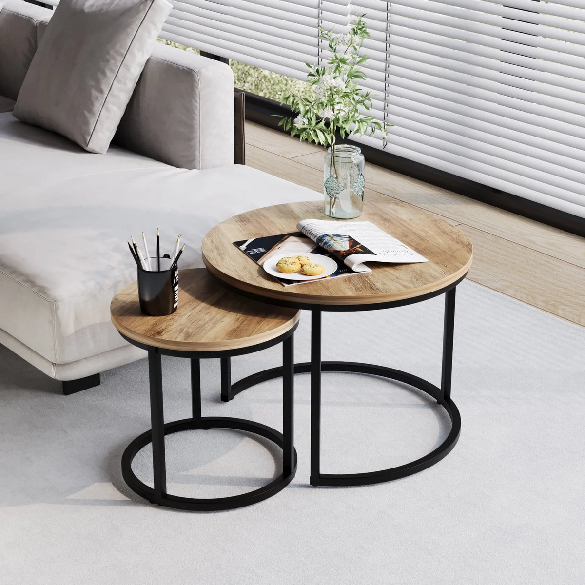 Round Nesting Coffee Table Set Metal Frame Brown K999