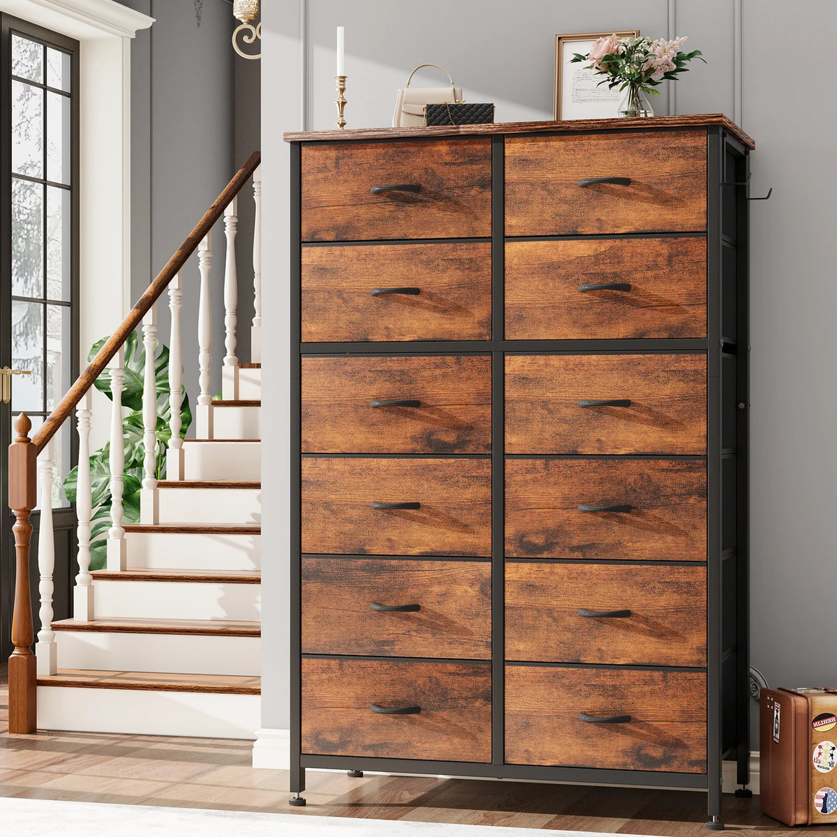 12 Drawer Fabric Dresser with Steel Frame and Wooden Top Q225747