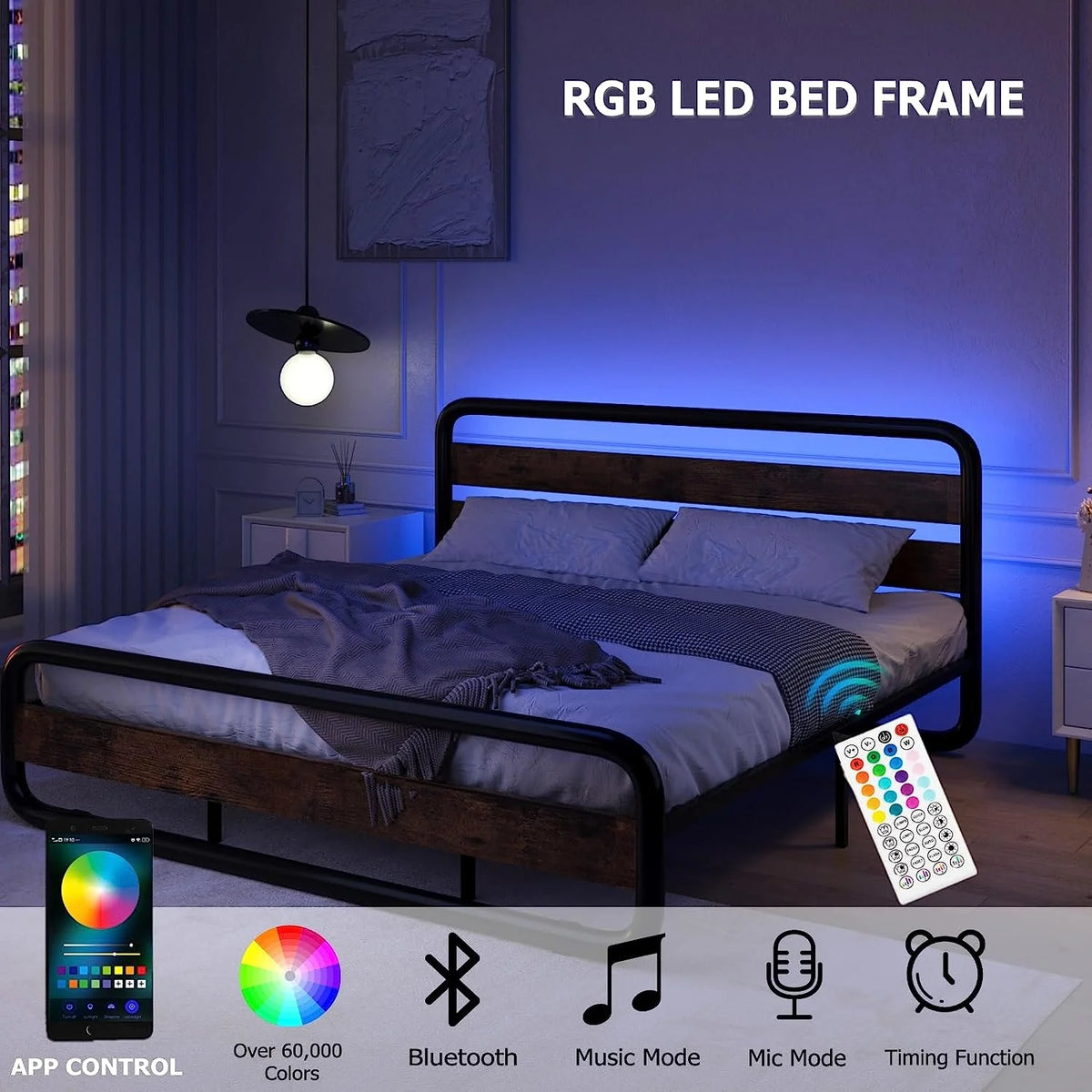 Queen Size Wood and Metal Bed Frame with LED Lights and Storage D309434