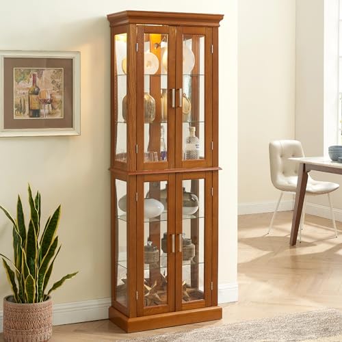 Oak Glass Display Cabinet with Lighted Mirrored Back Panel and Adjustable Shelves E24683