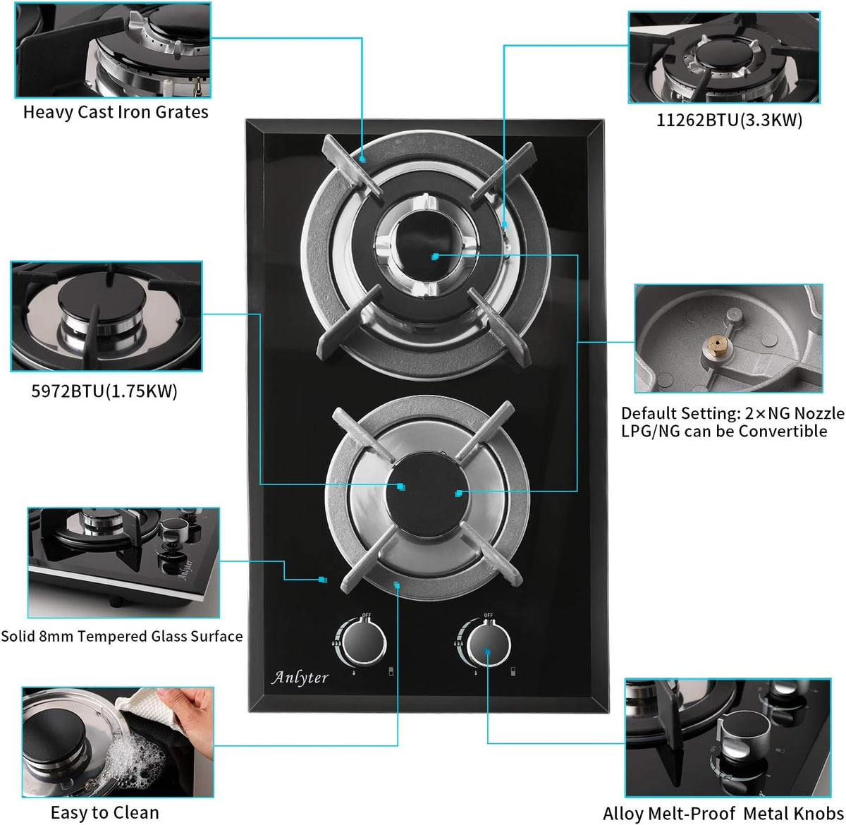 12 Inch 2 Burner Drop-In Gas Cooktop with Thermocouple Protection Z520916
