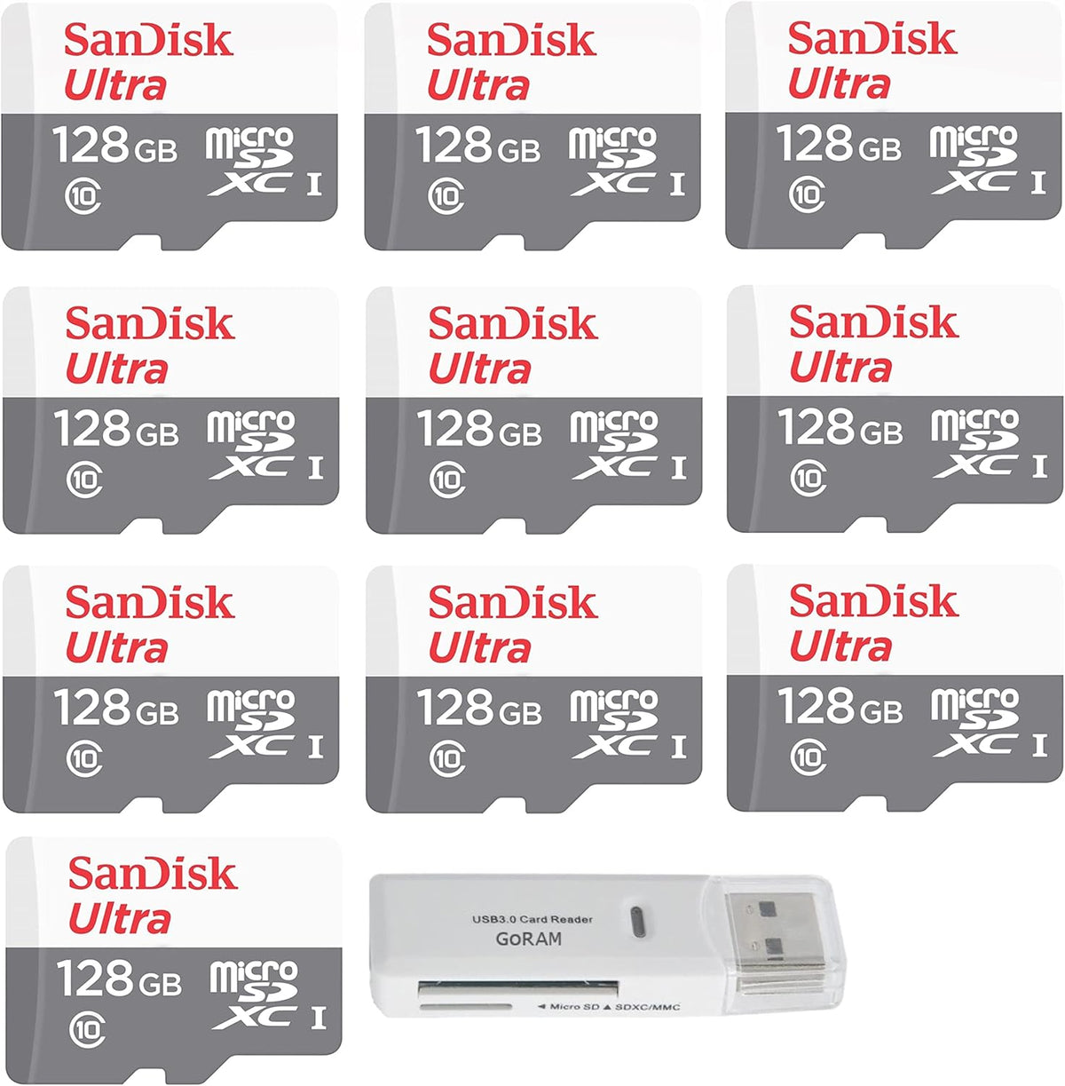 128GB 10 Pack MicroSD Class 10 100MB/s Micro SDXC Memory Card with Reader N16220