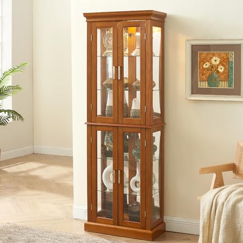Oak Glass Display Cabinet with Lighted Mirrored Back Panel and Adjustable Shelves E24683
