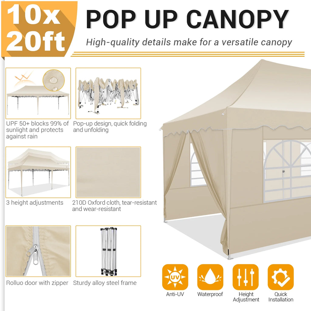 10' x 20' Pop up Canopy Tent with 6 Removable Sidewalls & Carry Bag H100