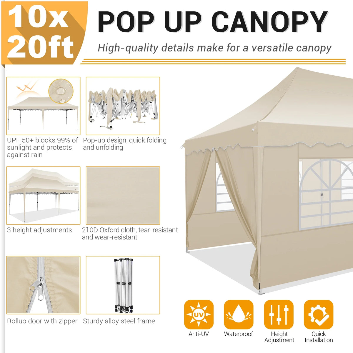 10' x 20' Pop up Canopy Tent with 6 Removable Sidewalls & Carry Bag H100