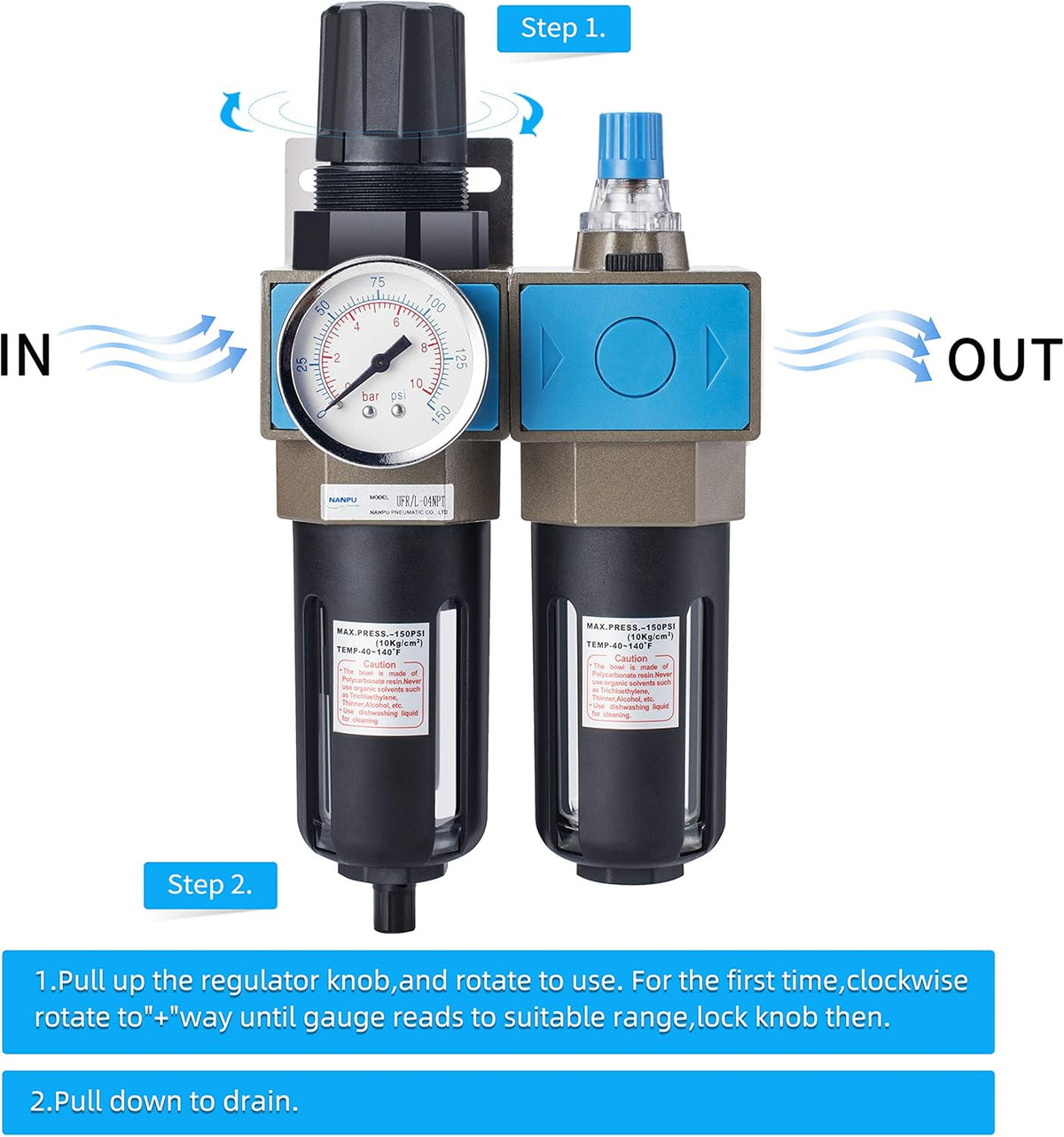 1/2 NPT Compressed Air Filter Regulator Lubricator, 5 Micron Brass Element E4992