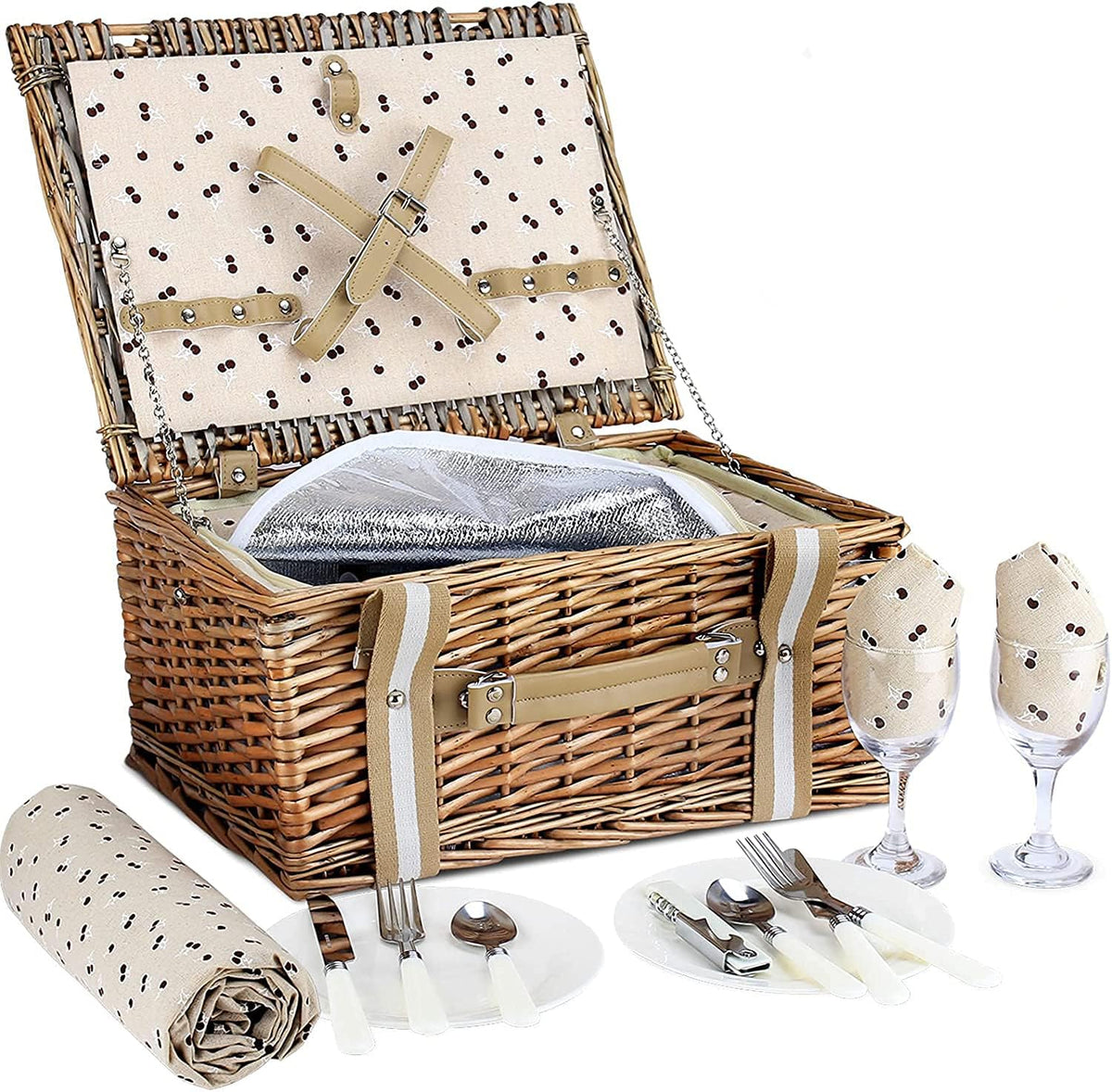 Wicker Picnic Basket Set for 2 Persons with Cooler Bag and Picnic Blanket S86673