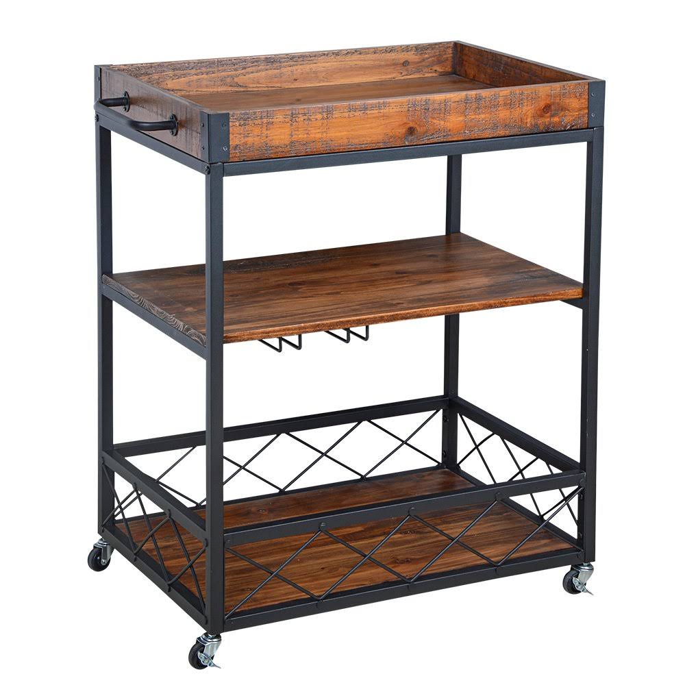 Rustic Industrial Bar Cart with Removable Top Tray K2958