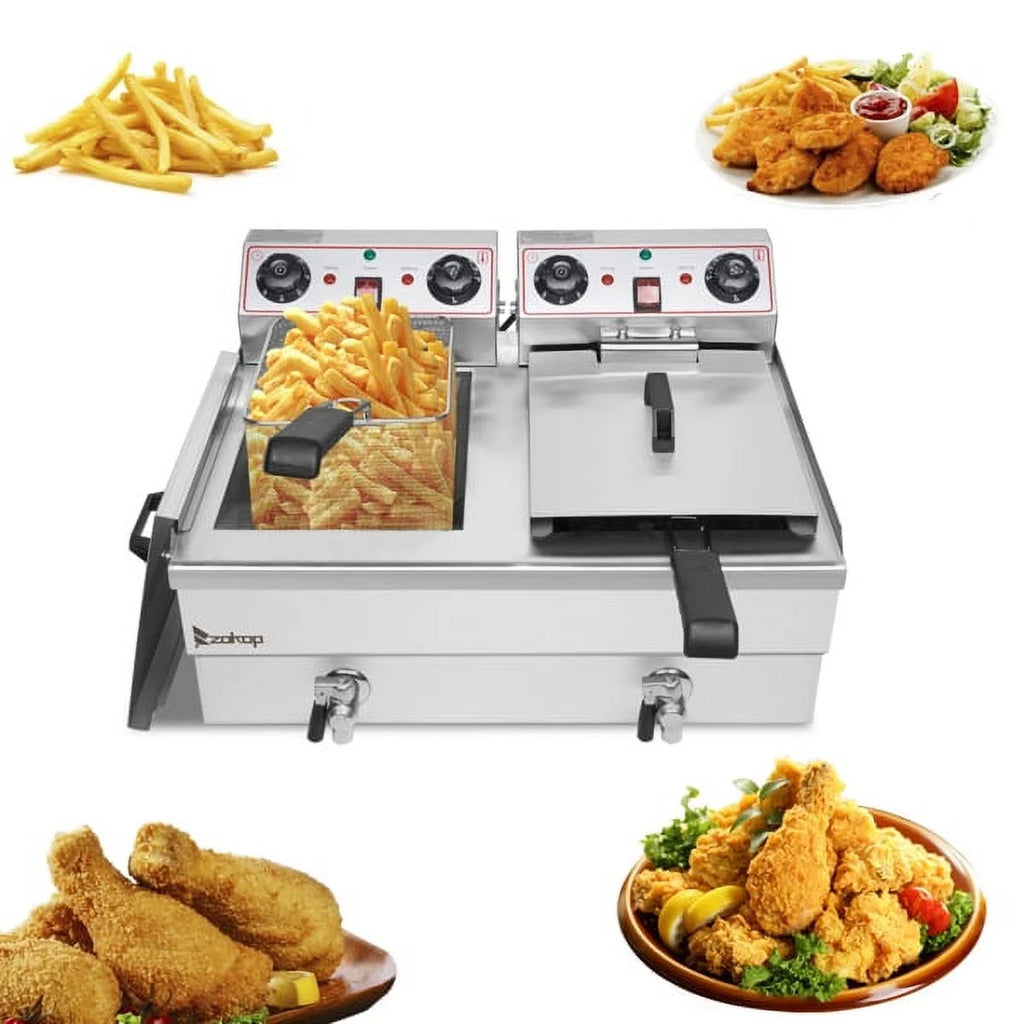 16.9QT / 16L Total Capacity Stainless Steel Faucet Double Tank Deep Fryer F225597