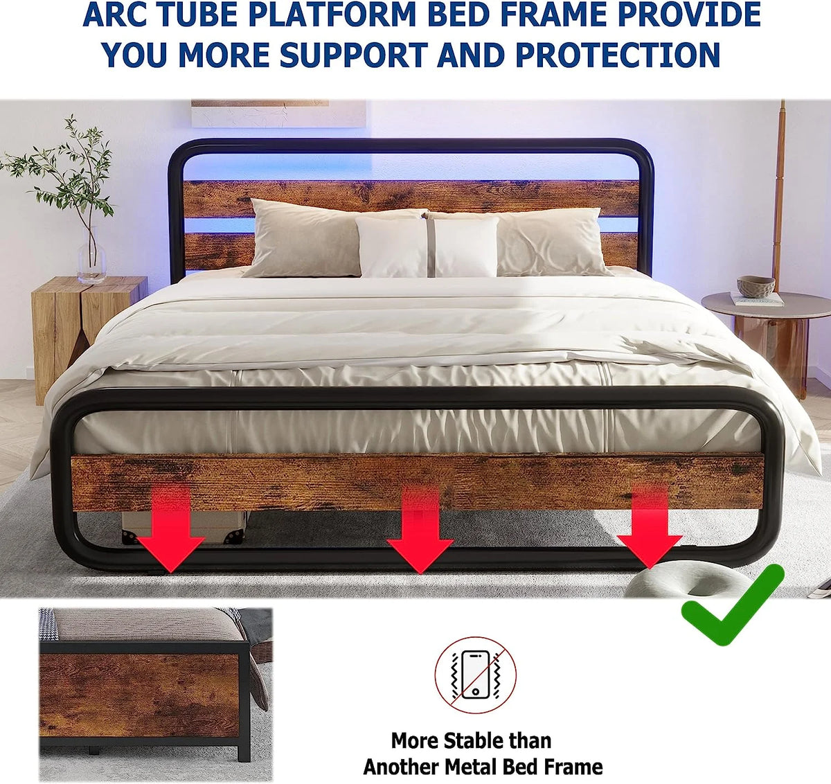 Queen Size Wood and Metal Bed Frame with LED Lights and Storage D309434