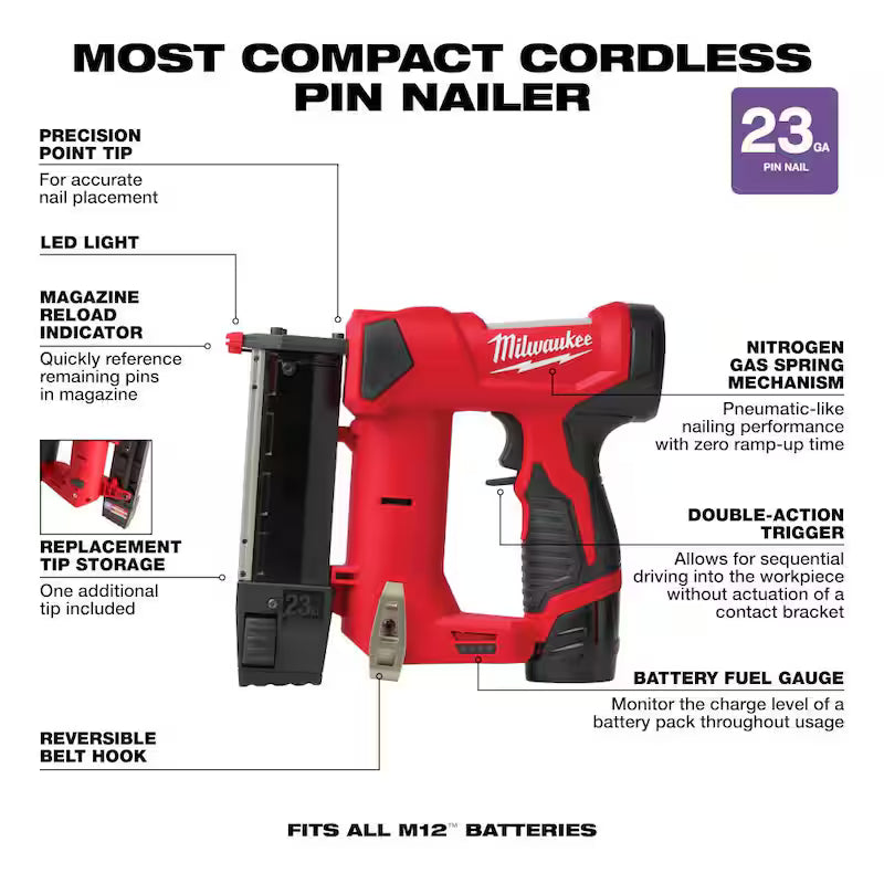 12-Volt 23-Gauge Cordless Pin Nailer Kit with Battery, Charger and Tool Bag T2517