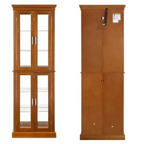 Oak Glass Display Cabinet with Lighted Mirrored Back Panel and Adjustable Shelves E24683