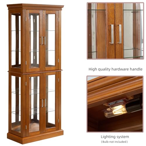 Oak Glass Display Cabinet with Lighted Mirrored Back Panel and Adjustable Shelves E24683