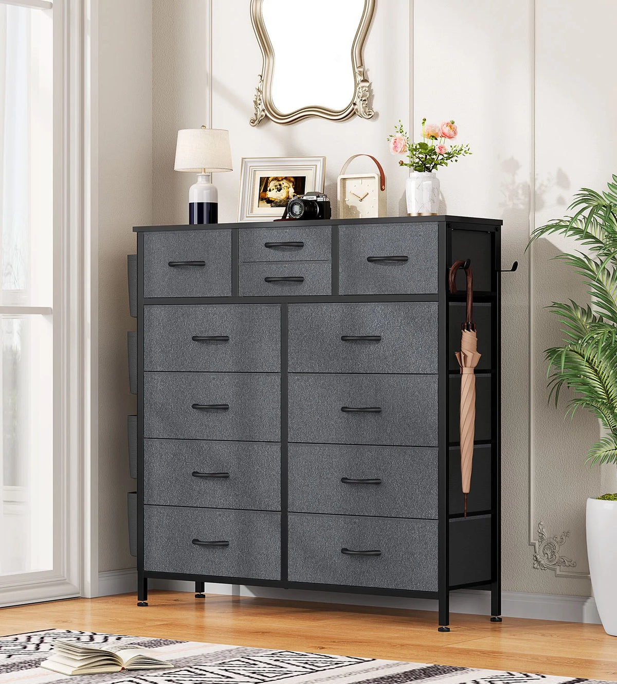 12 Drawer Fabric Dresser with Steel Frame and Wooden Top Q225747