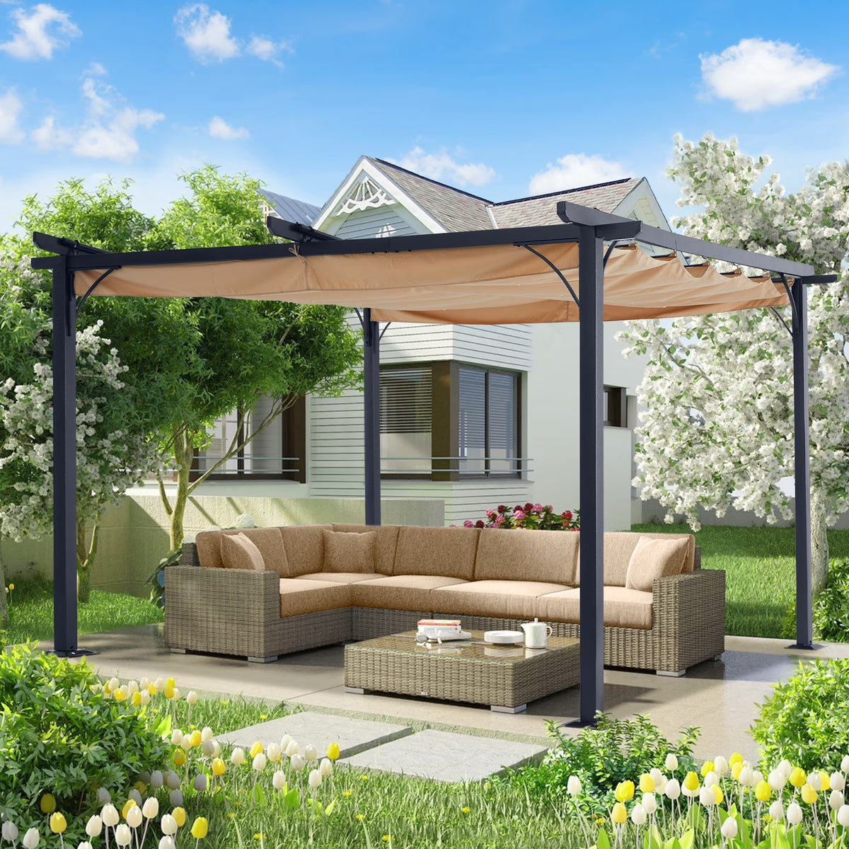 Beige 10x10 Retractable Shade Patio Gazebo Pergola T83039