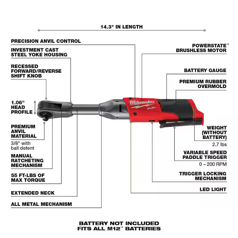 12V Lithium-Ion Brushless Cordless 3/8in. Ratchet & Extended Reach Ratchet W72291