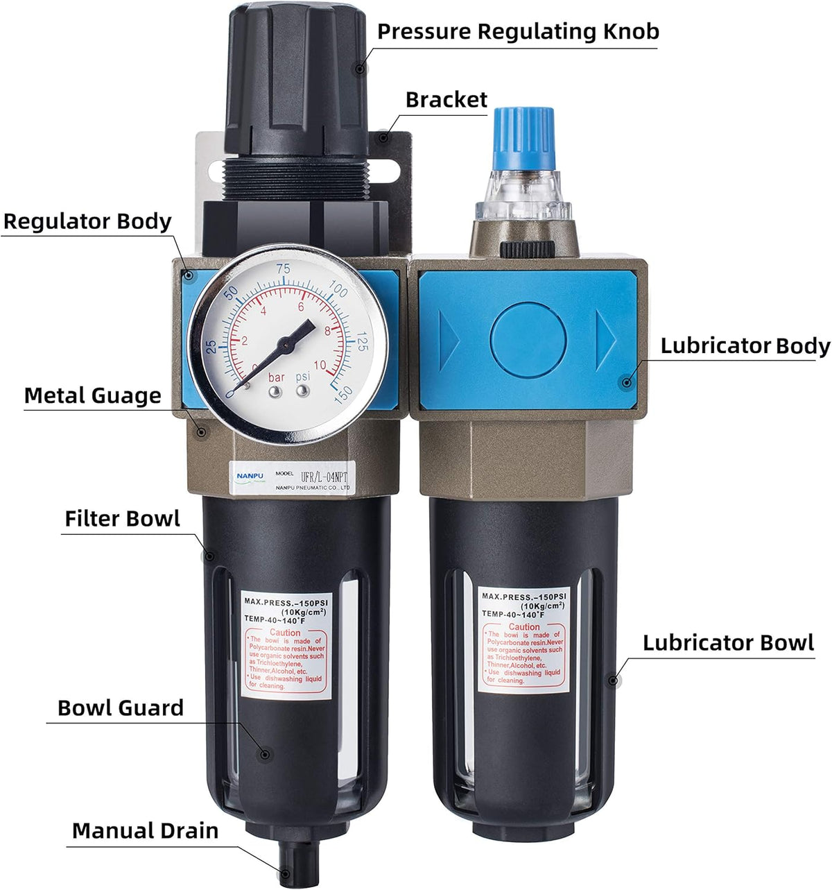 1/2 NPT Compressed Air Filter Regulator Lubricator, 5 Micron Brass Element E4992