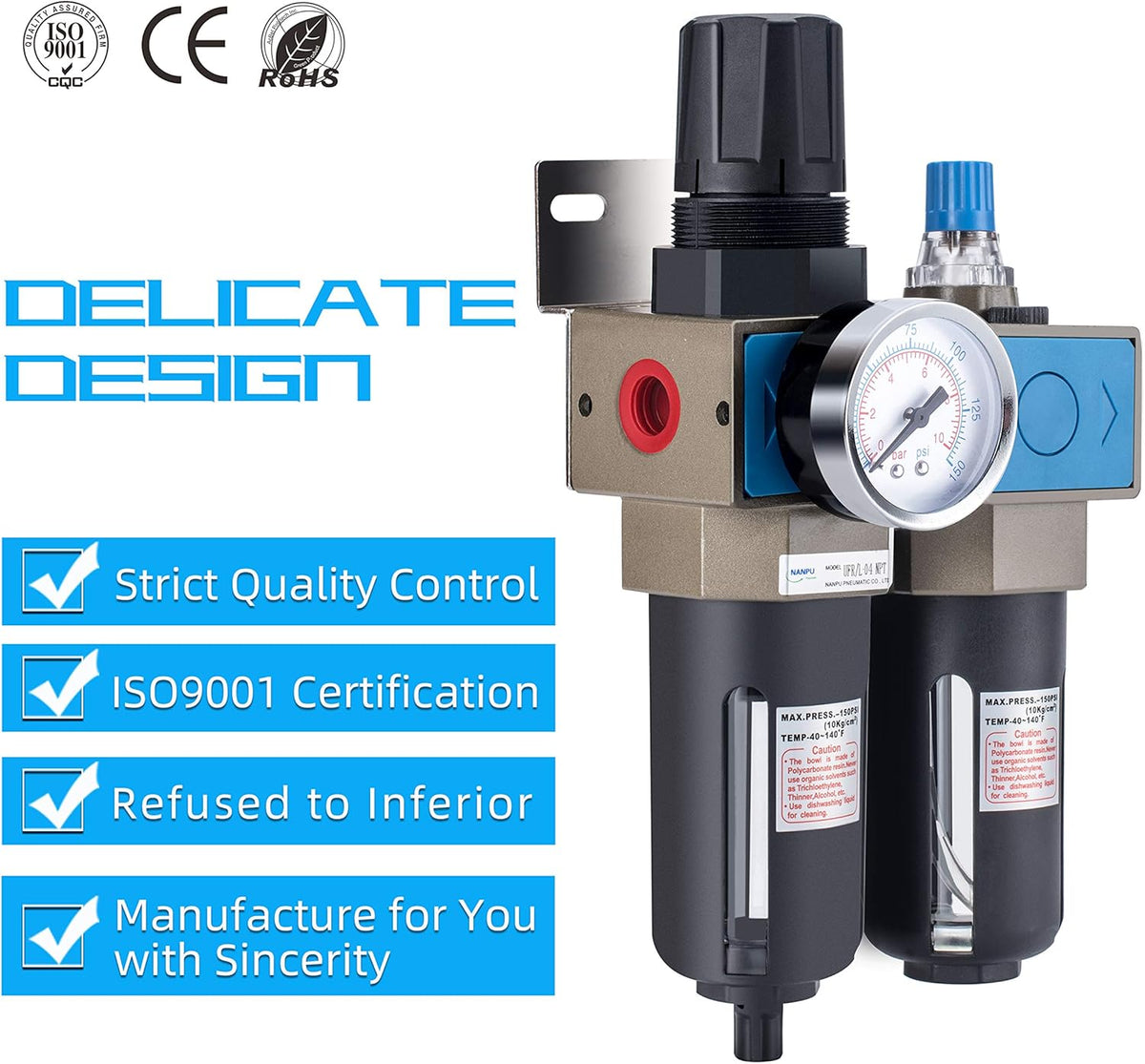 1/2 NPT Compressed Air Filter Regulator Lubricator, 5 Micron Brass Element E4992