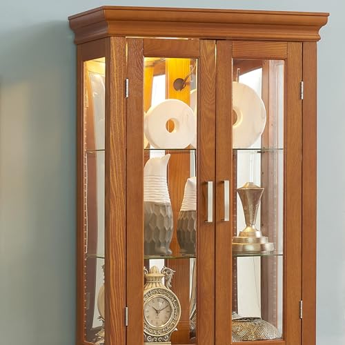 Oak Glass Display Cabinet with Lighted Mirrored Back Panel and Adjustable Shelves E24683