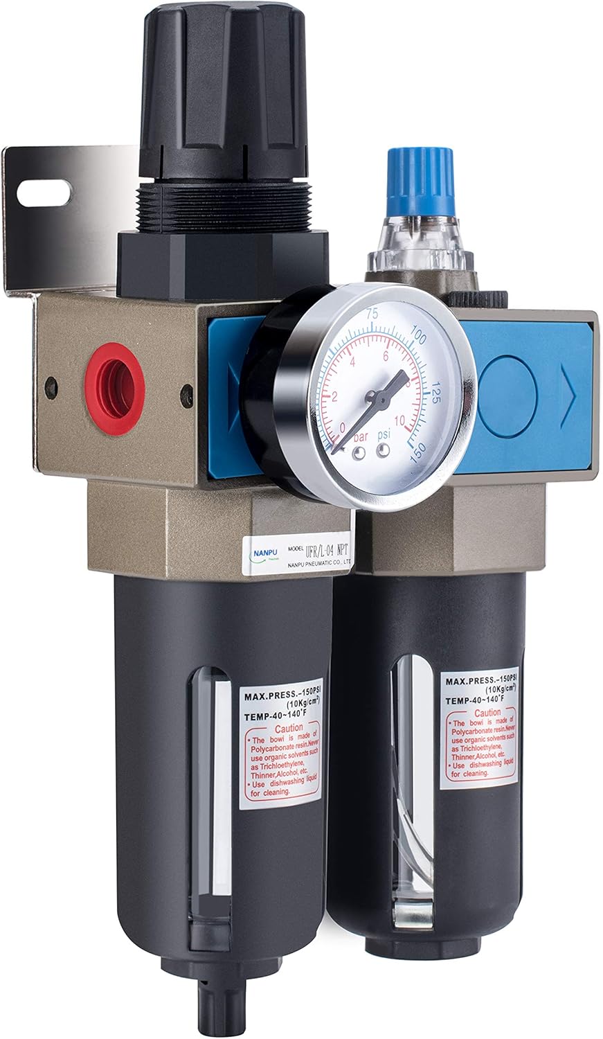 1/2 NPT Compressed Air Filter Regulator Lubricator, 5 Micron Brass Element E4992