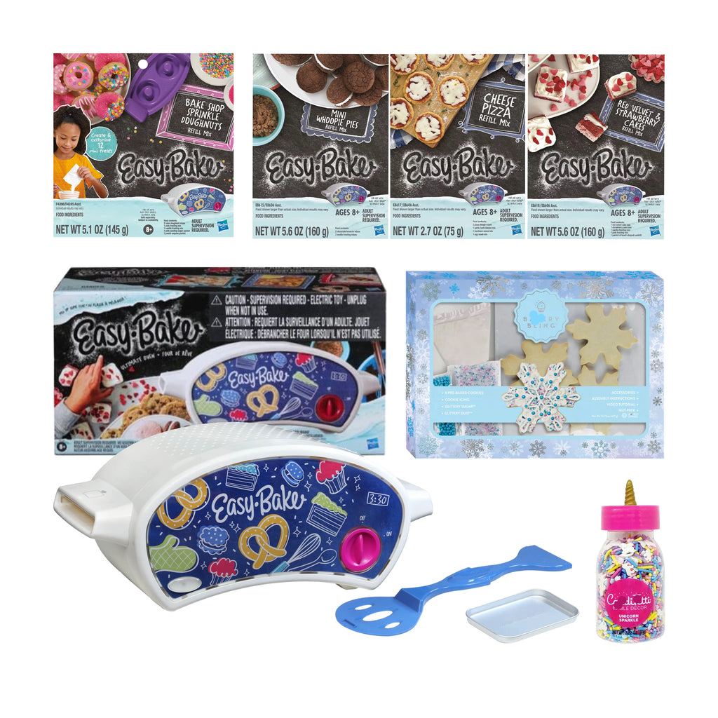 Easy Bake Oven Set with Baking Accessories - 4 Refill mixes (Red Velvet Strawberry Cupcakes, Donut, Pizza and Whoopie Pies), Unicorn Sprinkles Q211