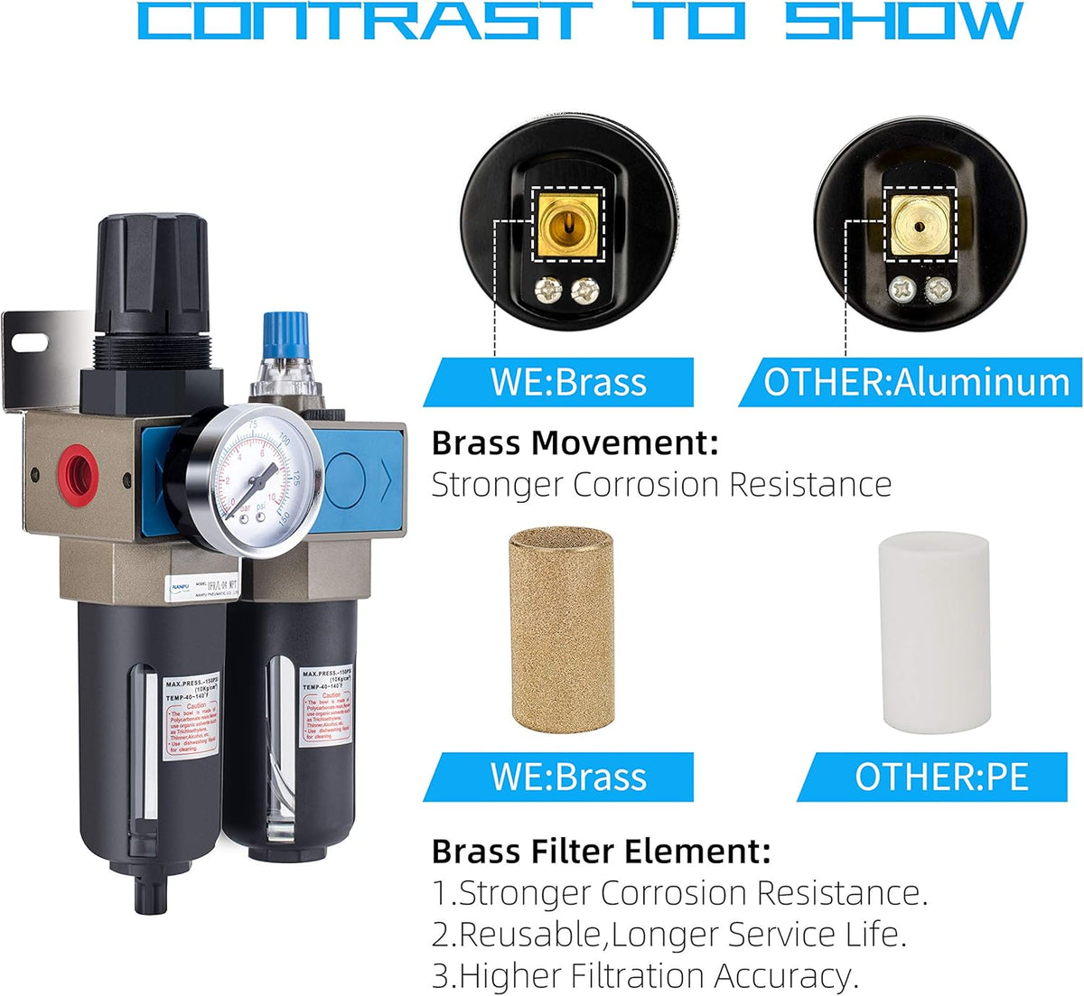 1/2 NPT Compressed Air Filter Regulator Lubricator, 5 Micron Brass Element E4992