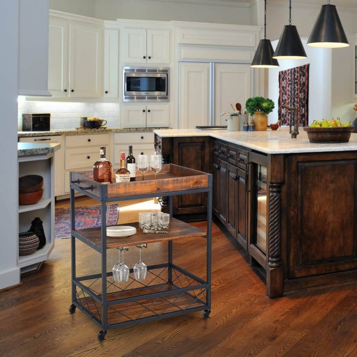 Rustic Industrial Bar Cart with Removable Top Tray K2958