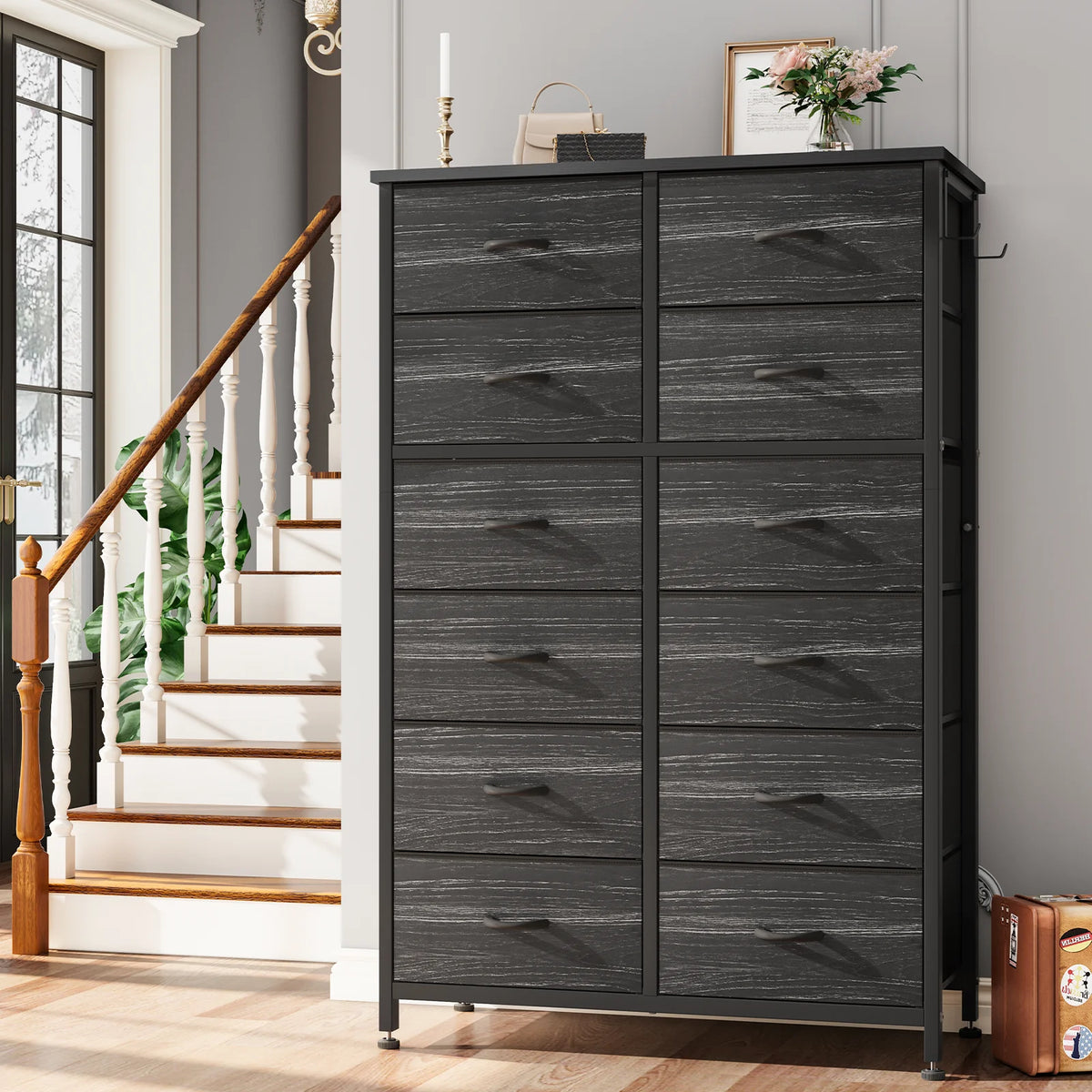 12 Drawer Fabric Dresser with Steel Frame and Wooden Top Q225747