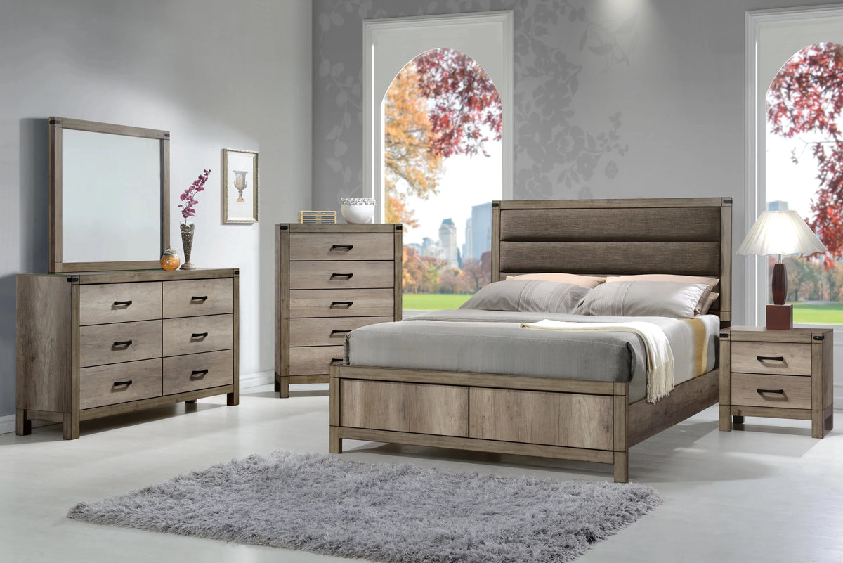King Size 4pc Upholstered Bed Dresser Mirror Nightstand Bedroom Set V880827