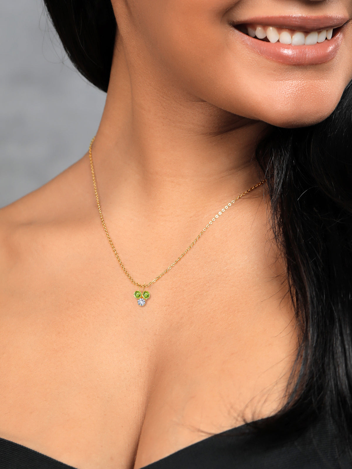 14K Yellow Gold Green Peridot and White Created Sapphire 3-Stone Pendant Necklace X329545