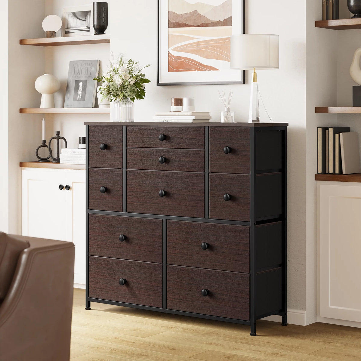 11 Fabric Drawers Dresser Chest of Drawers Faux Leather Rustic Brown Wood Top R8016